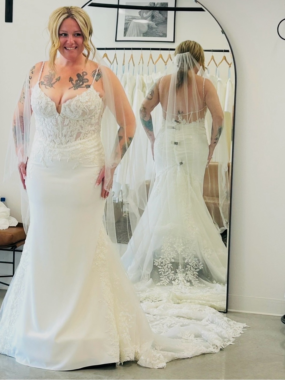 Martina Liana White Lace Fit-and-Flare Wedding Dress with Sheer Bodice